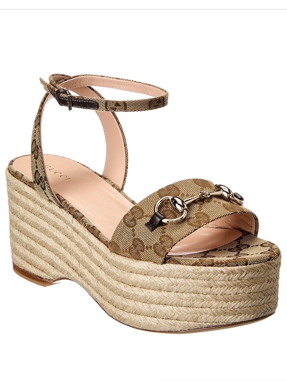 Gucci Beige/Brown GG Canvas Espadrille Platform Sandal with Horsebit